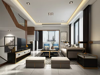 Elegant Modern Living Room Interior With Beige Sofa Coffee Table TV Stand And Large Windows 3d model