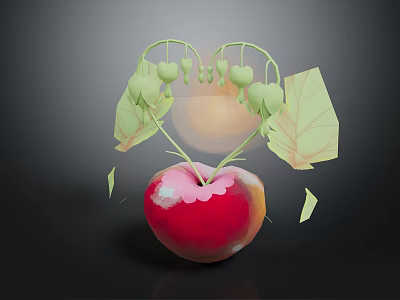 Fresh Red Apple With Heart Shaped Green Vines Leaves On Top Against Dark Background 3d model