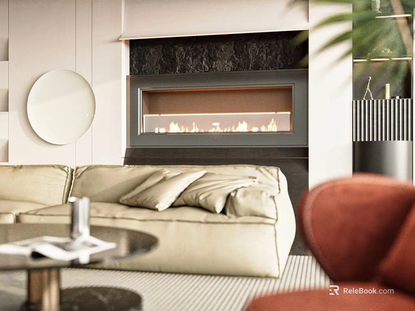 Modern Living Room Fireplace With Beige Sofa Round Mirror And Green Plant 3d model 