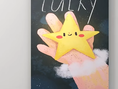 Hand Holding Yellow Lucky Star With Smiling Face And Blush On Dark Background 3d model