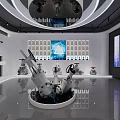 Modern Exhibition Hall Entrance with Display Shelves Glass Doors and Office Area
