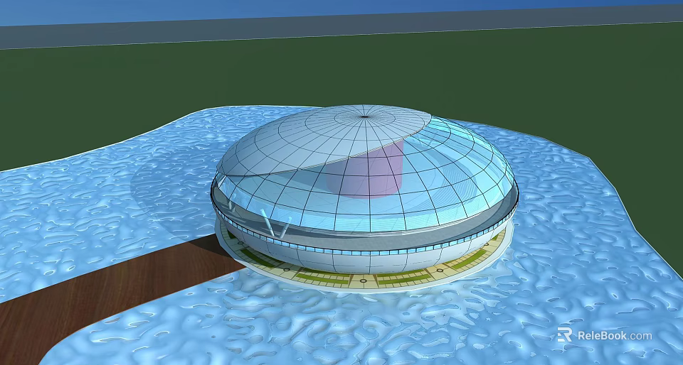 Circular Building With Transparent Dome Structure On Water With Wooden Platform 3d model