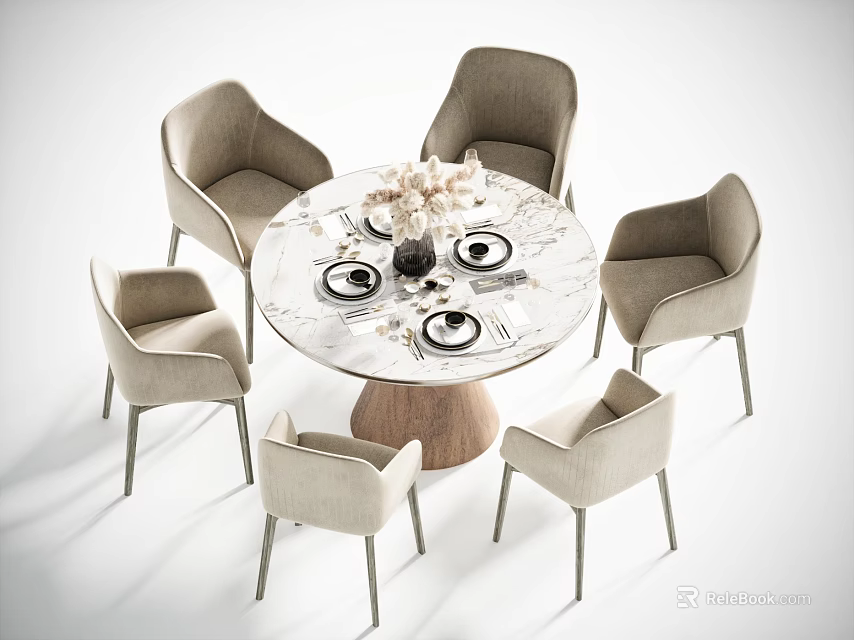 Elegant Modern Round Dining Table With Marble Top And Six Light Gray Chairs 3d model