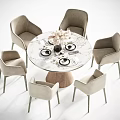 Elegant Modern Round Dining Table With Marble Top And Six Light Gray Chairs 3d model