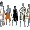 Fashion Mannequins Displaying Various Stylish Dresses Against Blue Sky With White Clouds