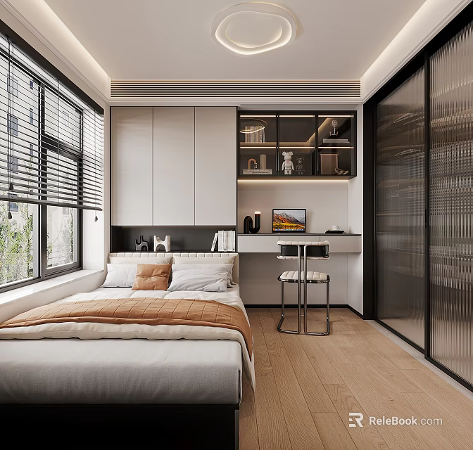 Modern Tatami Bedroom Interior Design With Desk Chair Window Blinds And Storage Cabinets 3d model 
