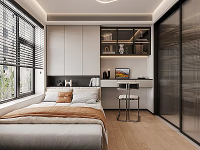 Modern Tatami Bedroom Interior Design With Desk Chair Window Blinds And Storage Cabinets 3d model