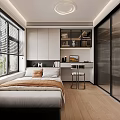 Modern Tatami Bedroom Interior Design With Desk Chair Window Blinds And Storage Cabinets