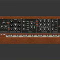 Professional Vintage Electronic Musical Synthesizer With Wooden Case Black And White Keys And Control Knobs