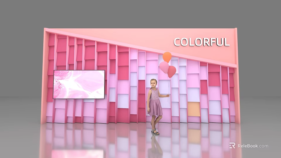 Colorful Pink Photo Check in Spot With Square Wall Panels And Balloons 3d model 