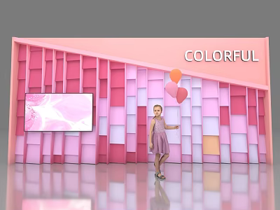 Colorful Pink Photo Check in Spot With Square Wall Panels And Balloons 3d model