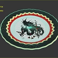Decorative Plate With Blue Wavy Rim Red Border White Background And Black Dragon Design
