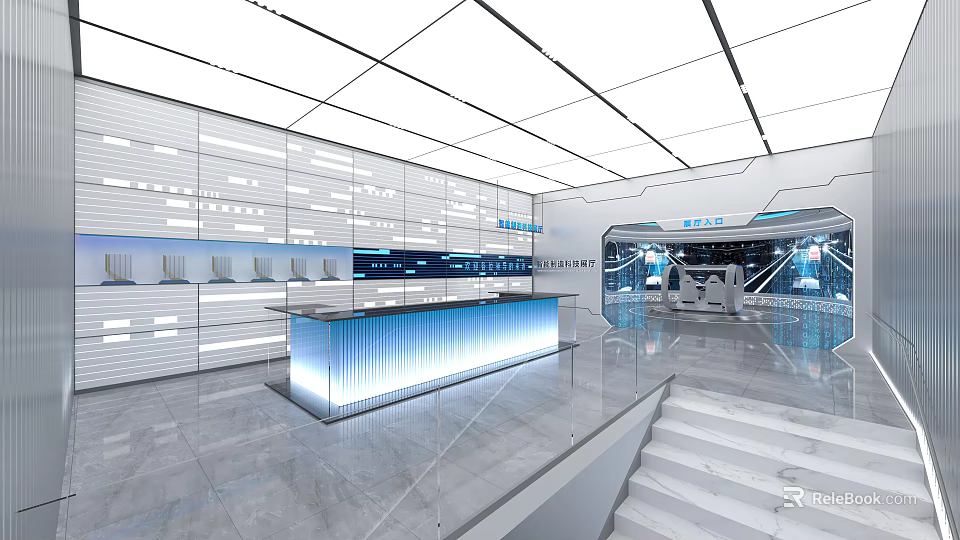 Modern Exhibition Hall Space With Blue Lit Counter Glass Railing Stairs And White Walls 3d model 