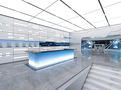Modern Exhibition Hall Space With Blue Lit Counter Glass Railing Stairs And White Walls 3d model