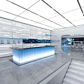 Modern Exhibition Hall Space With Blue Lit Counter Glass Railing Stairs And White Walls
