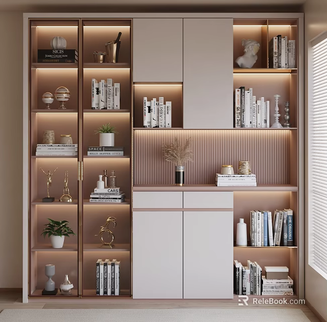 Modern Ornamental Cabinet Design With Soft Lighting Books Ornaments And Potted Plants 3d model 