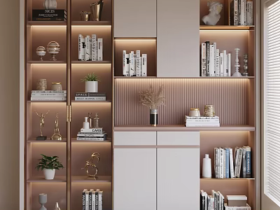 Modern Ornamental Cabinet Design With Soft Lighting Books Ornaments And Potted Plants 3d model