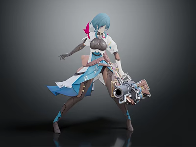 Anime Style Female Game Character With Blue Hair White Blue Outfit Mechanical Gun Combat Stance 3d model