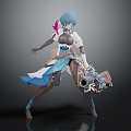 Anime Style Female Game Character With Blue Hair White Blue Outfit Mechanical Gun Combat Stance