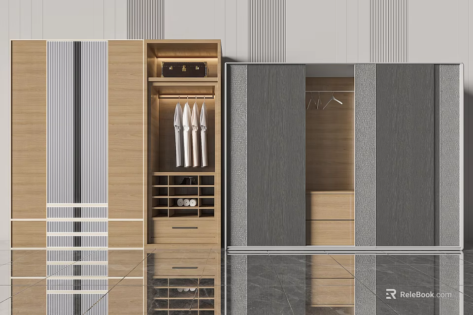 Modern Wooden And Grey Wardrobe Interior With Mirrored Doors Drawers And Hanging Area 3d model 