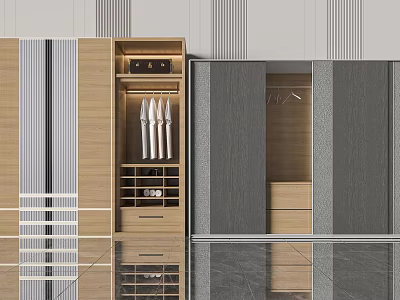Modern Wooden And Grey Wardrobe Interior With Mirrored Doors Drawers And Hanging Area 3d model