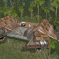 Two Wooden Cabins with A Frame Roofs on Hillside Surrounded by Trees 3d model