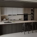Modern Kitchen Bar Counter With White Top Black Stools And Cabinets 3d model