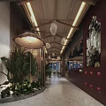 Modern Restaurant Interior With Woven Ceiling Decor Pendant Lights Dining Tables And Green Plants