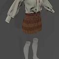White Bow Detail Sweater And Brown Plaid Pleated Skirt Outfit With Belt Knee High Socks