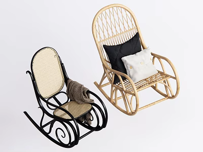 Black and Light Colored Woven Rocking Chairs with Blanket and Pillows for Home Decor 3d model