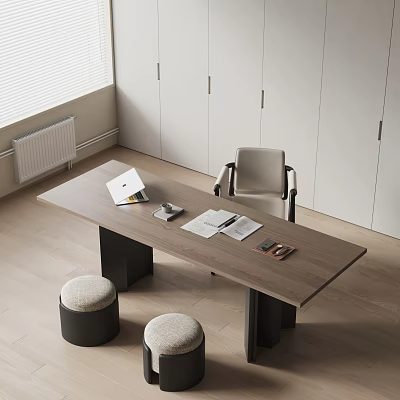 Modern Wooden Desk With Laptop Open Notebook Pen Chair Cabinets And Round Stools 3d model