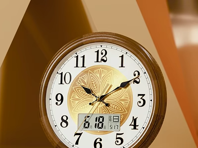 Classic Wall Clock With Wooden Frame Golden Dial And Digital 3d model