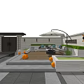 Modern Courtyard Garden With Outdoor Seating Curved Umbrella Wooden Deck Grass And Stone Steps