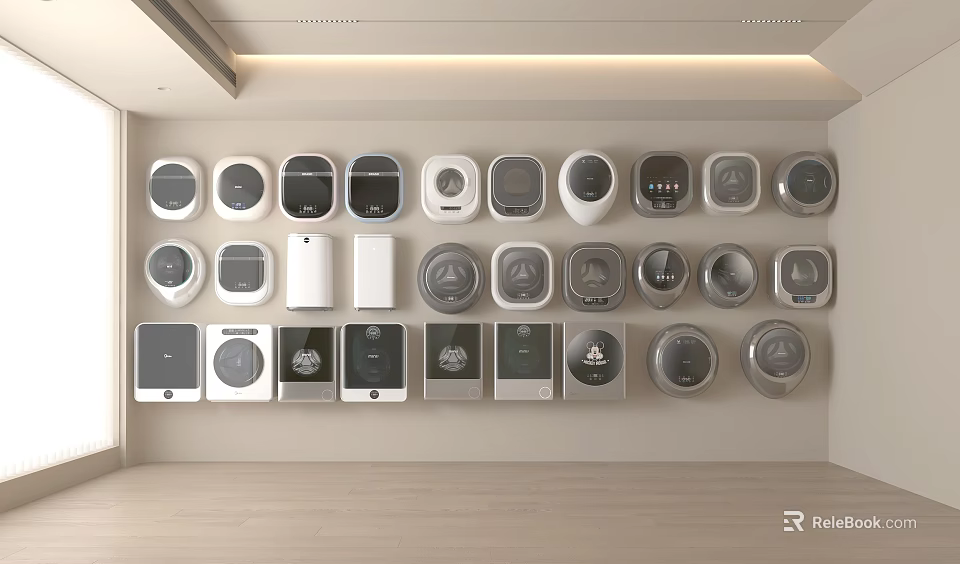 Different Models Of Modern Washing Machines With Various Designs On Wall 3d model 