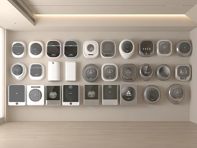 Different Models Of Modern Washing Machines With Various Designs On Wall 3d model