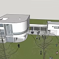 Modern Detached Villa With White Exterior Curved Architecture And Lawn Area