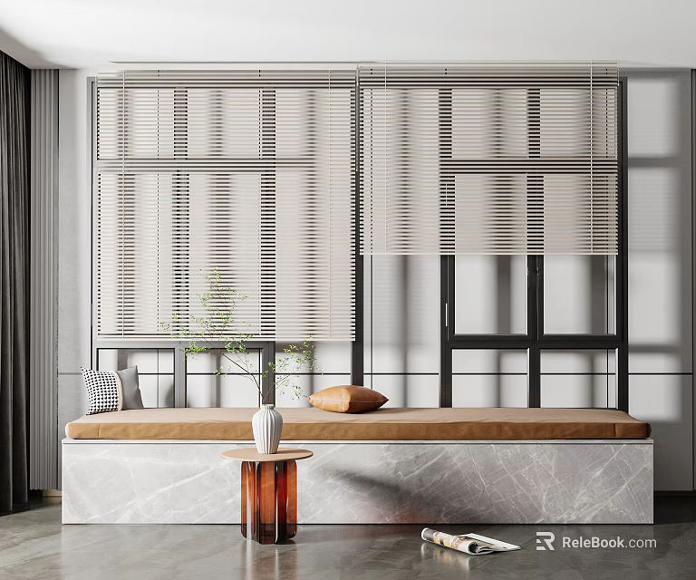 Modern Bay Window Design With Louvered Blinds Cozy Bench Decorative Pillows And Marble Top Table 3d model 