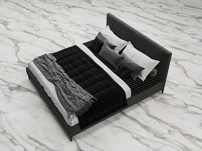 Modern Double Bed With Dark Headboard Black Quilt Gray Throw And Pillows On Marble Floor 3d model