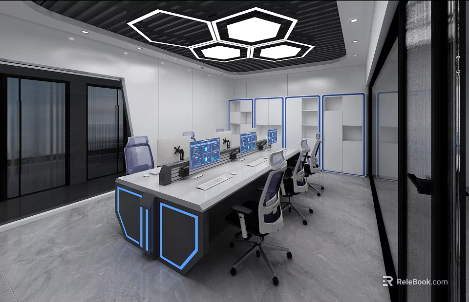 Modern Office Interior With Long Desk Computers Ergonomic Chairs Hexagonal Ceiling Lights Storage Cabinets 3d model