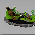 Decorative Garden Scene With Green Grass Stone Border Small Pool Orange Trunk And Red Flowers