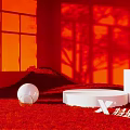 Modern Art Installation With White Display Platforms And Transparent Spheres On Red Background
