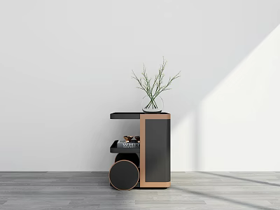 Modern Minimalist Side Cabinet With Wooden Frame Vase And Greenery On White Wall 3d model