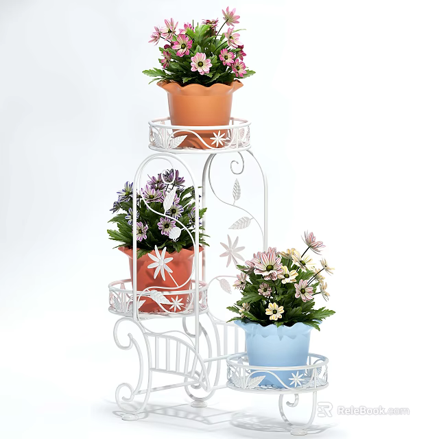 White Multi Tiered Plant Stand With Brown Red Blue Potted Plants And Pink Purple Flowers 3d model 