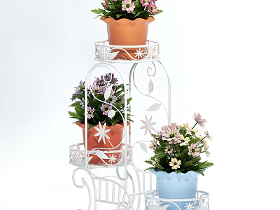 White Multi Tiered Plant Stand With Brown Red Blue Potted Plants And Pink Purple Flowers 3d model