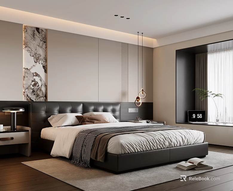 Modern Bedroom Interior Design With Black Leather Headboard Pendant Lights Wall Art And Area Rug 3d model 