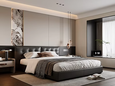 Modern Bedroom Interior Design With Black Leather Headboard Pendant Lights Wall Art And Area Rug 3d model