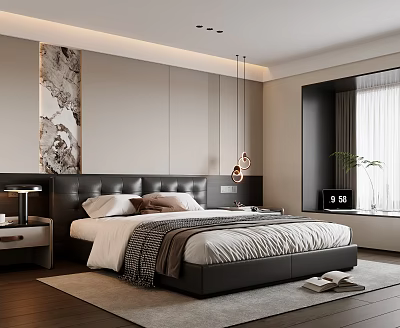 Modern Bedroom Interior Design With Black Leather Headboard Pendant Lights Wall Art And Area Rug 3d model