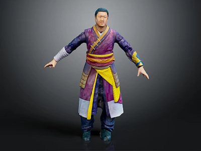 3D Character Design Of Humanoid Creature In Purple Yellow Traditional Costume With Open Arms 3d model
