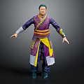 3D Character Design Of Humanoid Creature In Purple Yellow Traditional Costume With Open Arms
