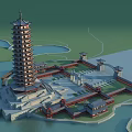 Scenic Ancient Chinese Architecture Pagoda with Water Area and Traditional Courtyard Layout
